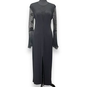 American Vintage Black Dress Mesh Lace Sheer Pleated Bell Sleeves Front Slit S/M